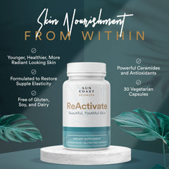 Vitalifi ReActivate packaging detail highlighting brand and ingredients for skin support.