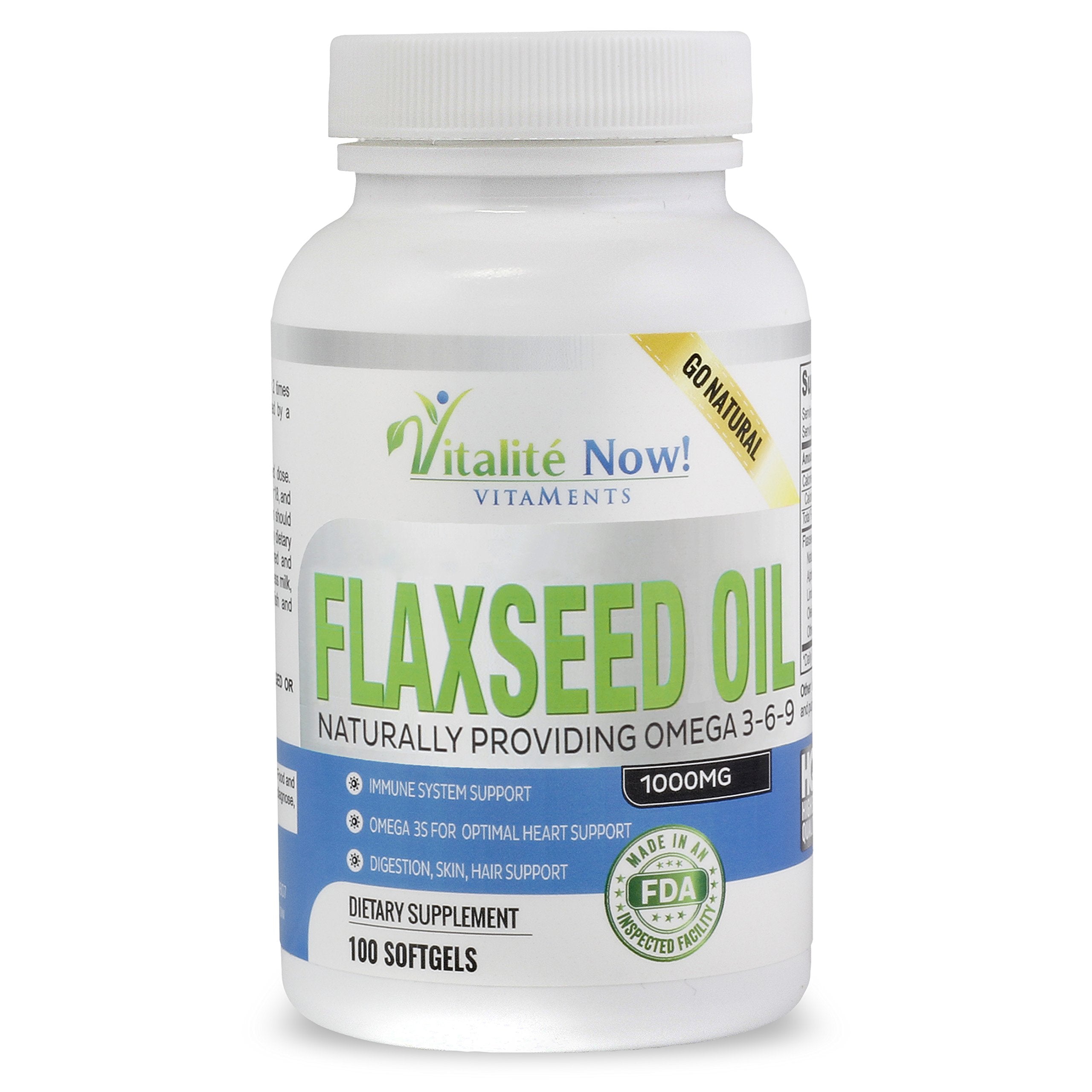 Vitalité Now flaxseed oil softgels bottle showing easy daily omega 3 6 9 intake