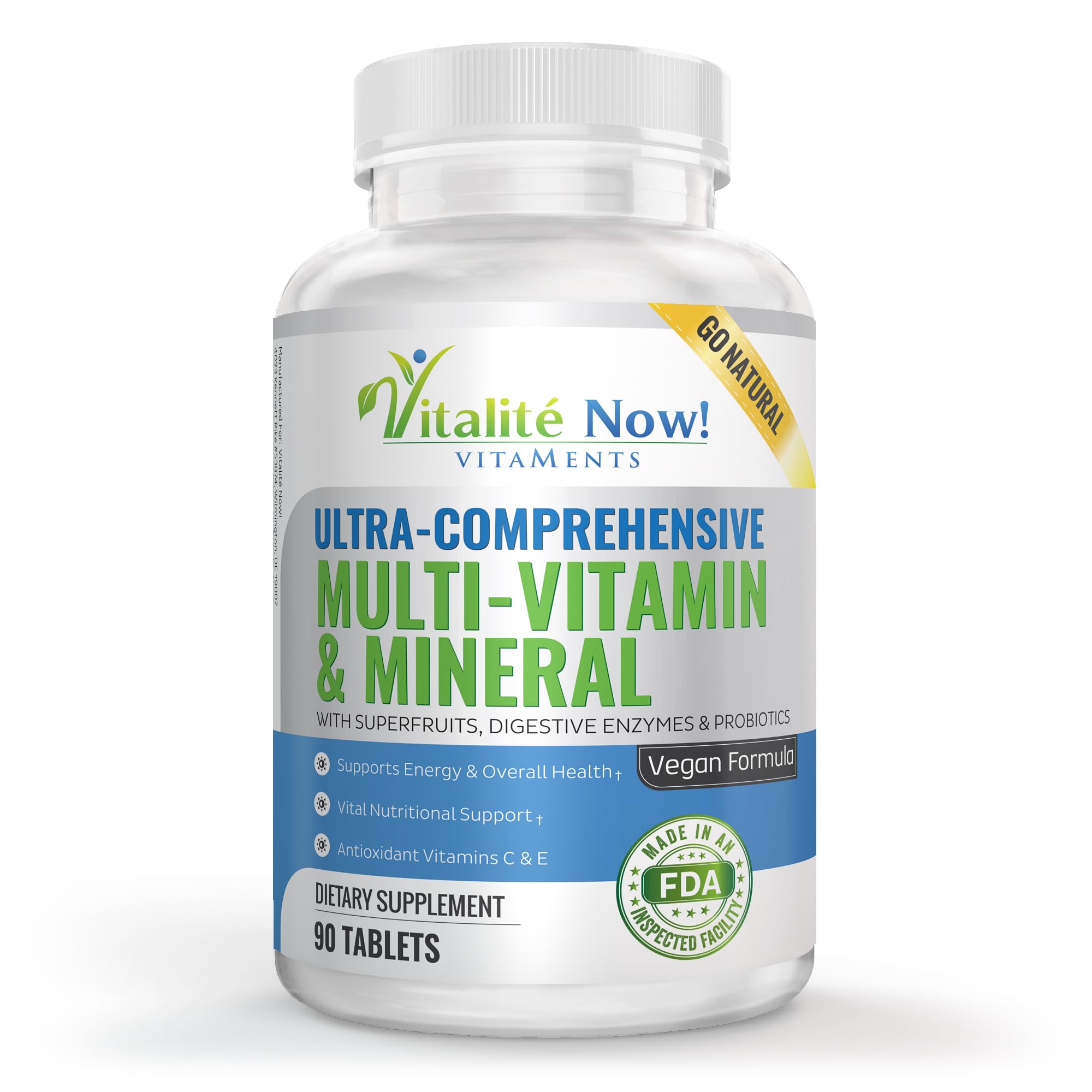 Vitalité Now! vegan multivitamin bottle front for daily energy support.