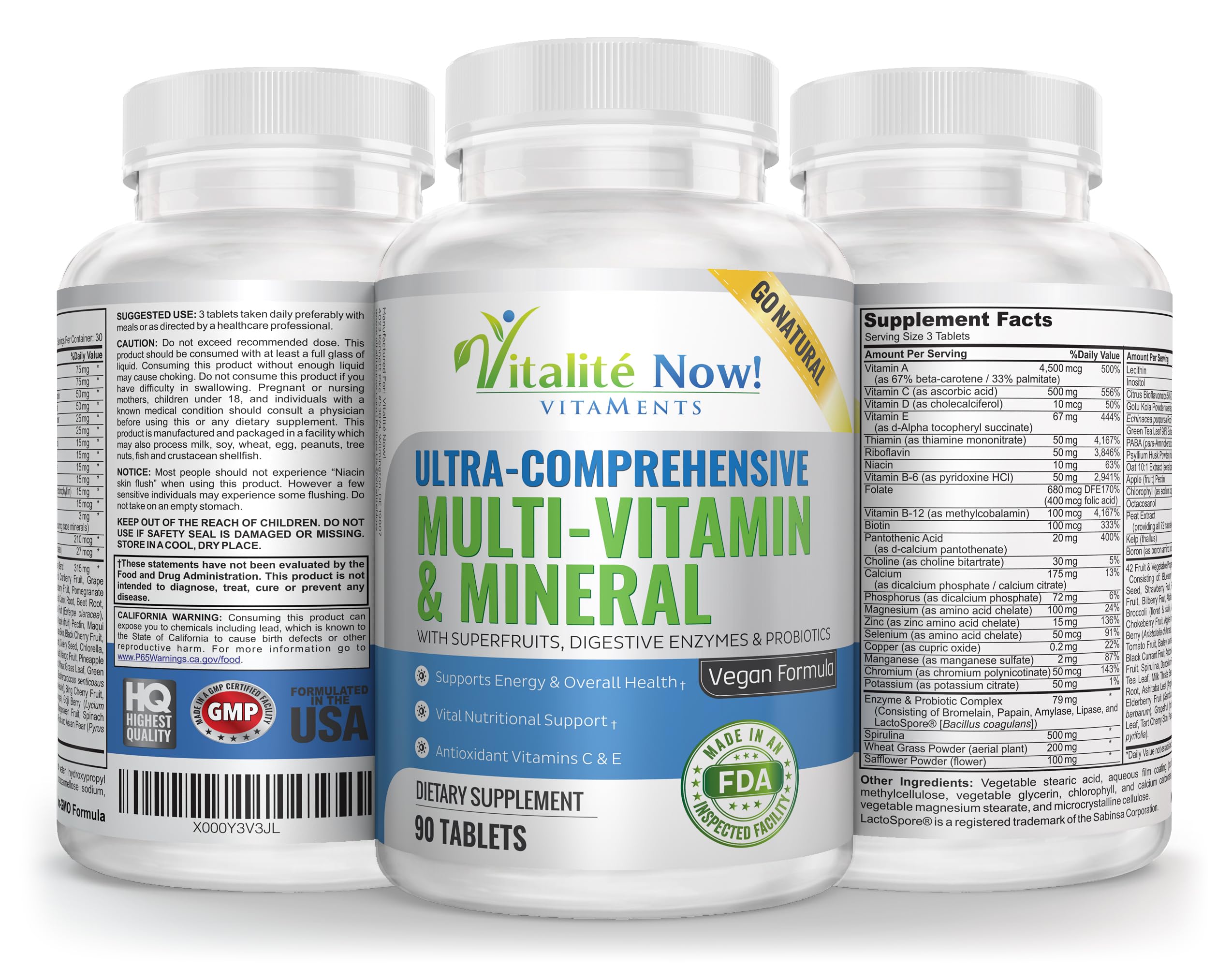 Vitalité Now! label close-up showing non-GMO ingredients for clean nutrition.