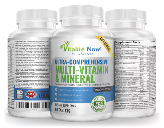 Vitalité Now! label close-up showing non-GMO ingredients for clean nutrition.