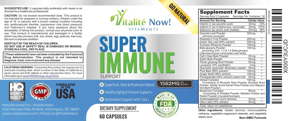 Vitalité Now vitamins C and E blend label for antioxidant and vitality benefits