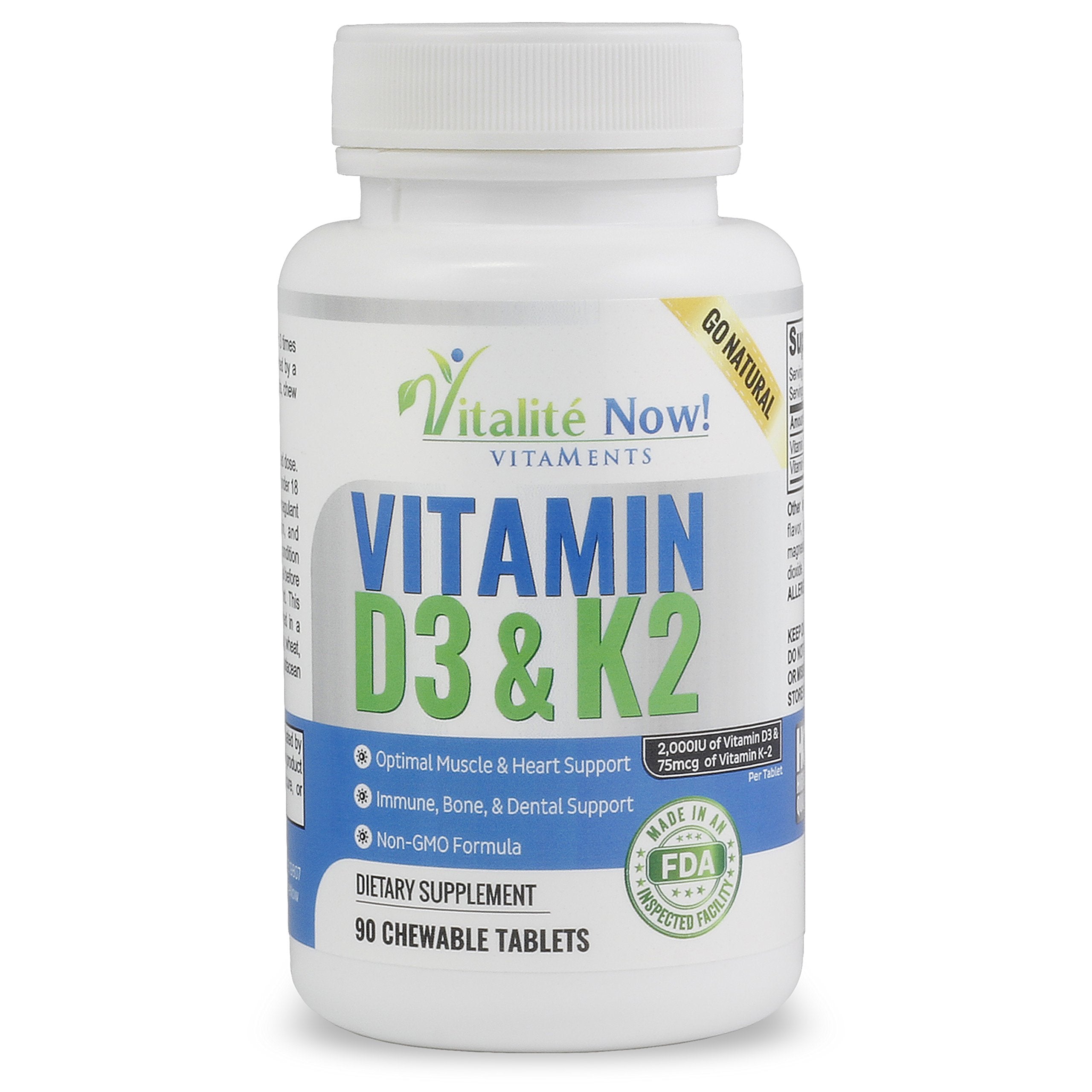 Vitalité Now vitamin D3K2 MK7 bottle label highlighting heart and bone health benefits