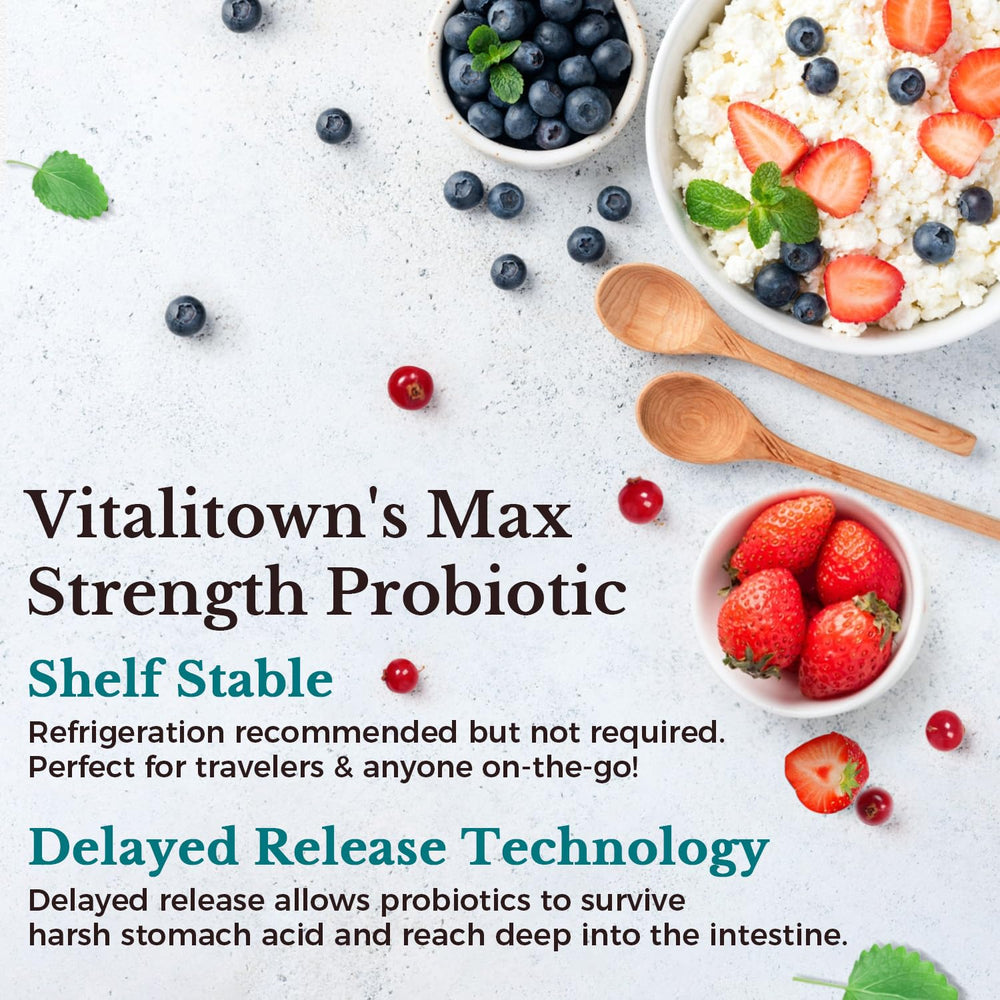 Vitalitown Probiotics shelf-stable bottle emphasizes longevity.
