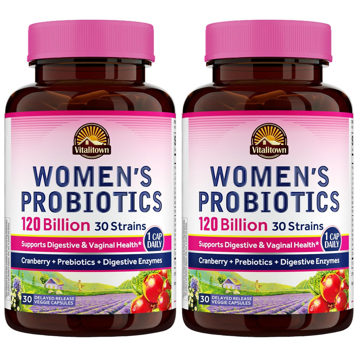 Vitalitown Probiotics for Women bottle pour supports daily gut balance.