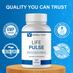 Vitality Now Life Pulse olive leaf extract capsule showing plant-derived circulation support.