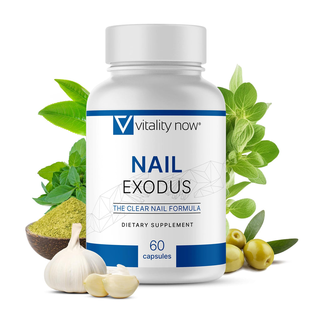 Vitality Now Nail Exodus bottle front highlights premium toenail health supplement