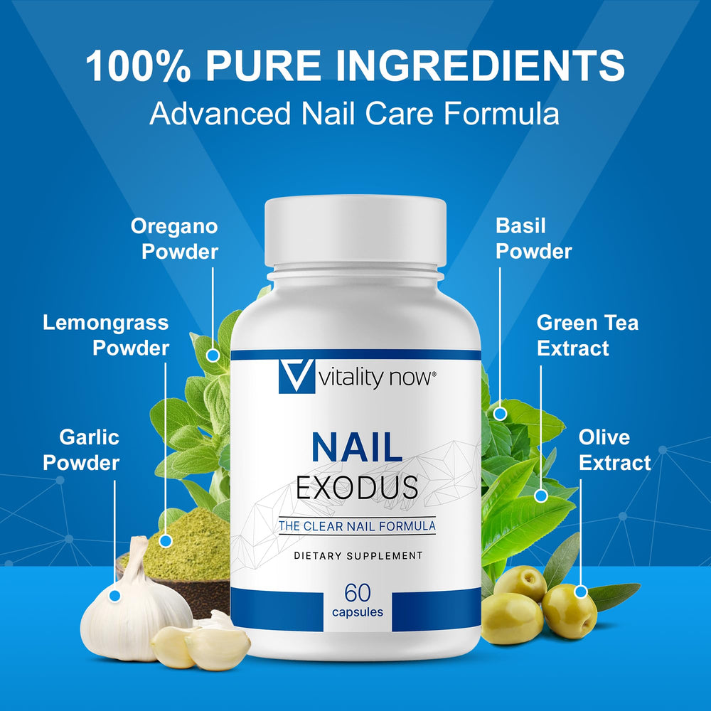 Vitality Now Nail Exodus capsules closeup suggesting stronger, clearer nails