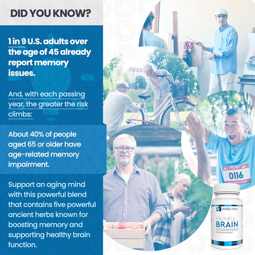 Vitality Now Youthful Brain B12 tablet close-up underscores energy metabolism and nervous system support.