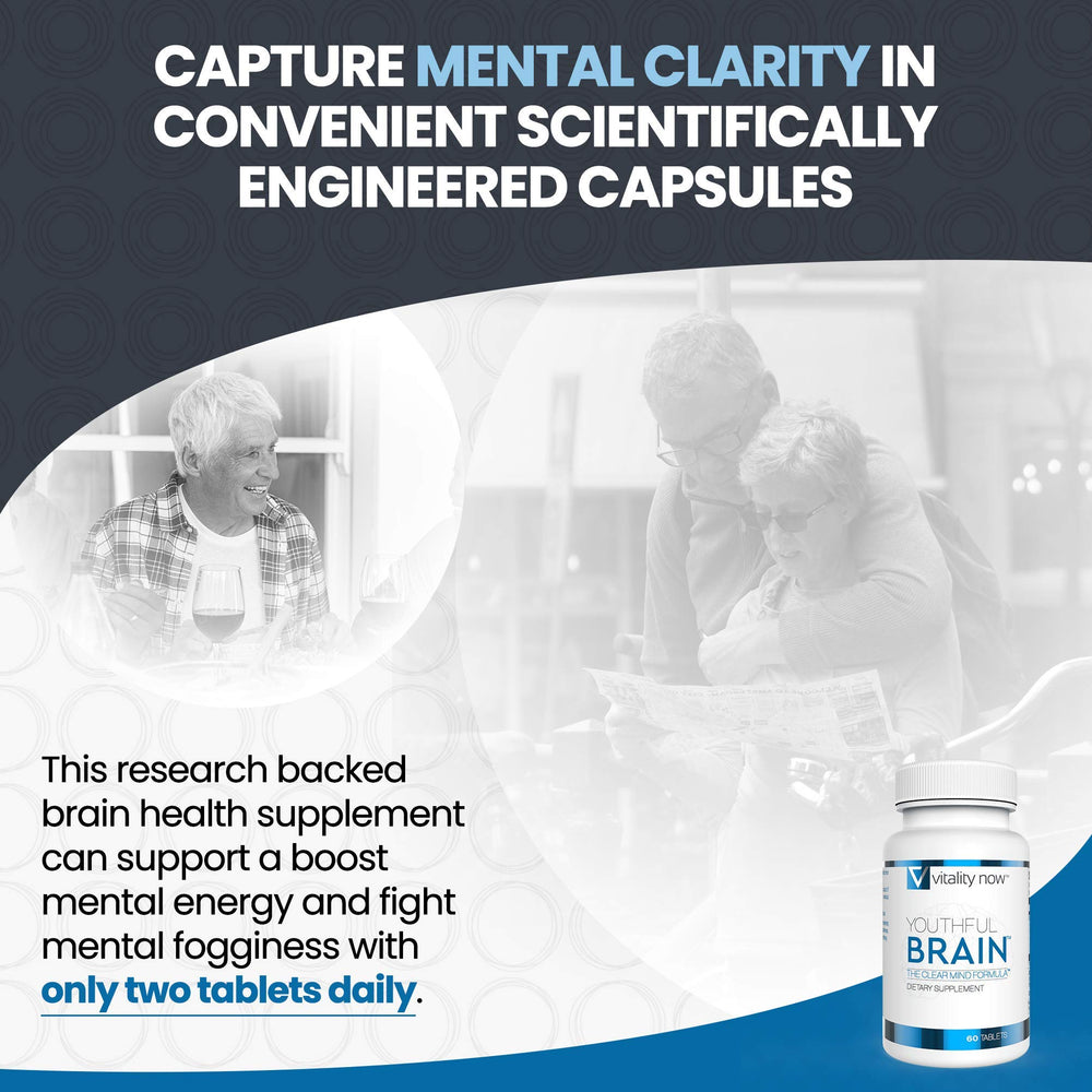Vitality Now Youthful Brain bottle cap close-up demonstrates portable brain health support on the go.