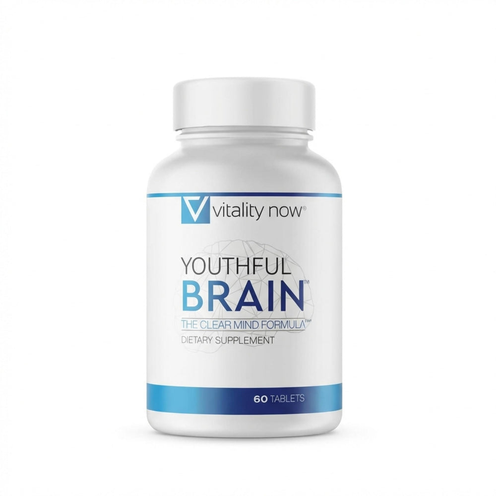 Vitality Now Youthful Brain bottle front showing compact packaging for daily brain support