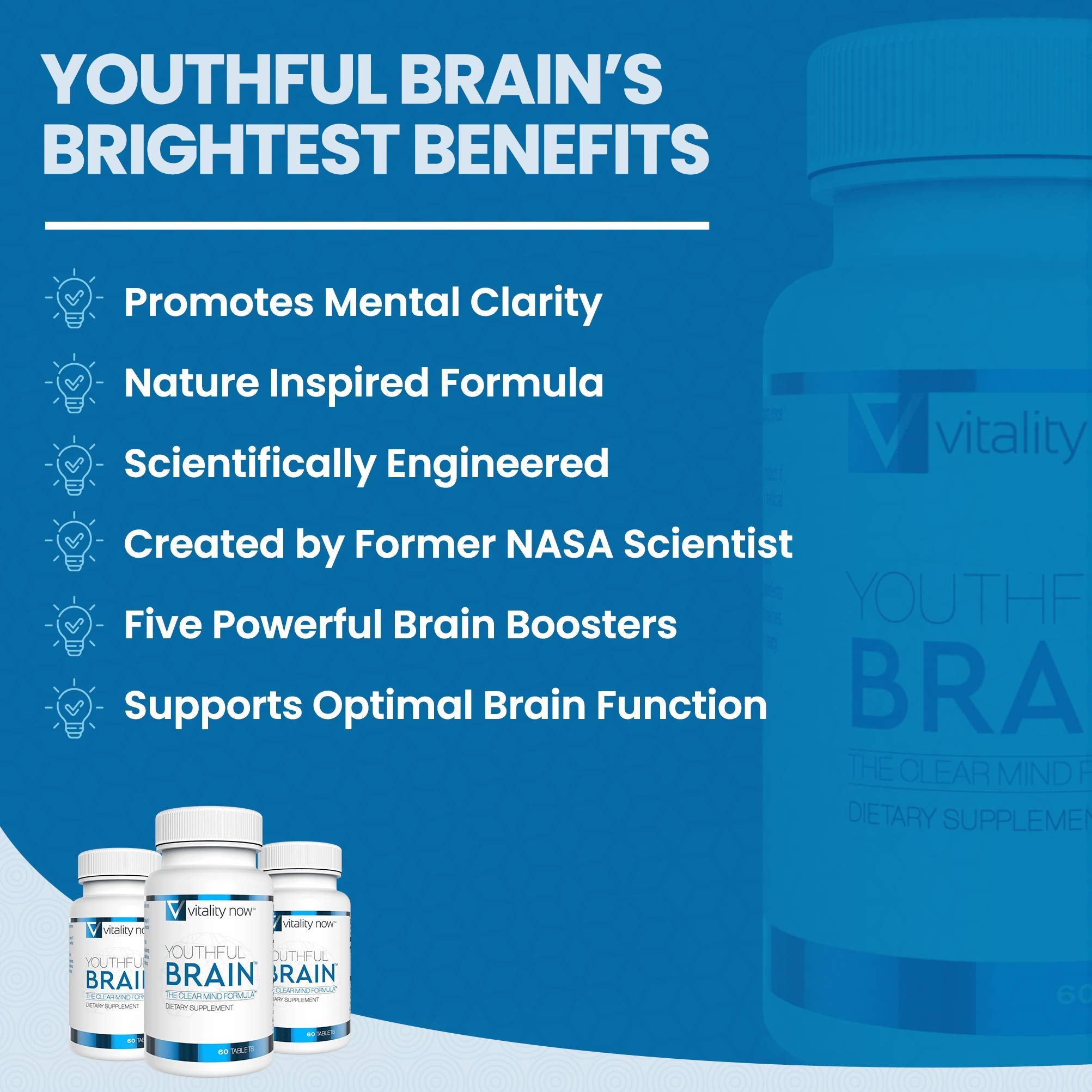 Vitality Now Youthful Brain label detail emphasizes GMP-quality manufacturing and trusted ingredients.