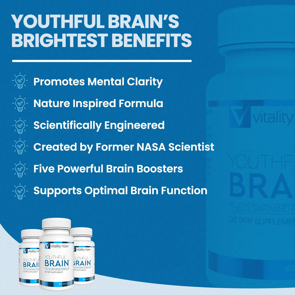 Vitality Now Youthful Brain label detail emphasizes GMP-quality manufacturing and trusted ingredients.