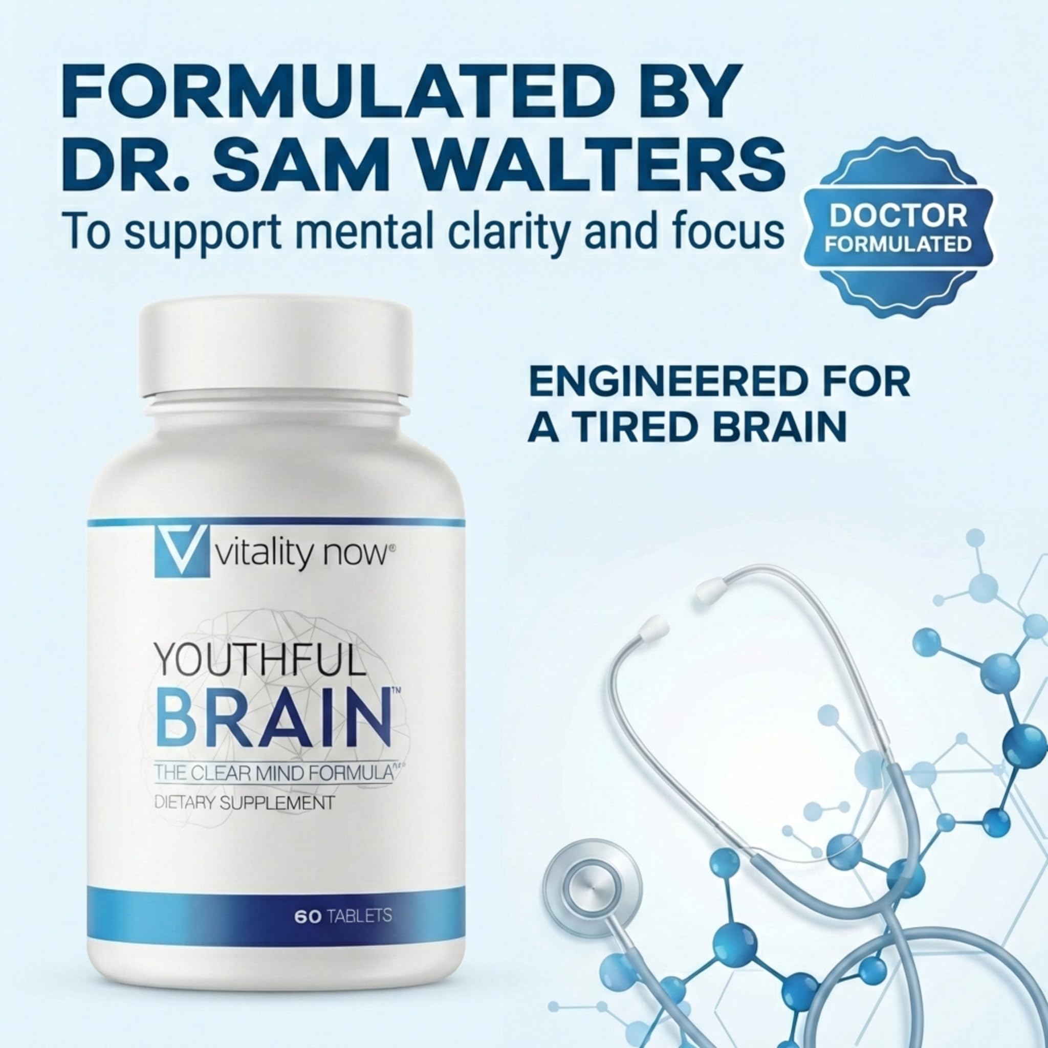 Vitality Now Youthful Brain tablets closeup, two easy-to-swallow capsules for daily use