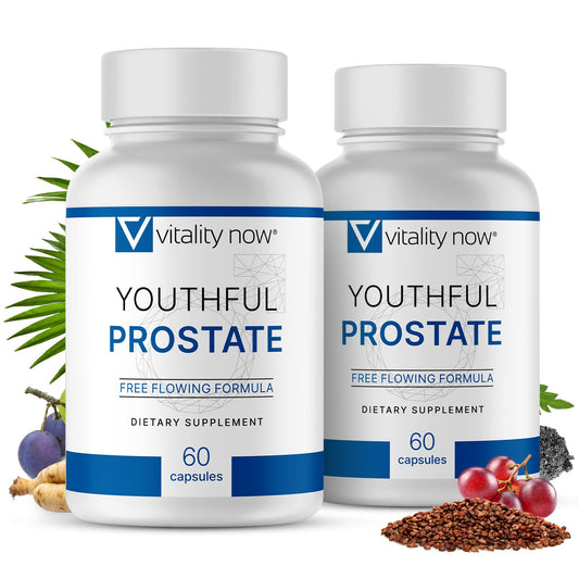Vitality Now Youthful Prostate bottle label highlights saw palmetto for prostate health.