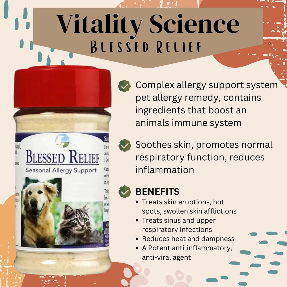 Vitality Science Blessed Relief cat pour demonstrating liquid dosing and soothing respiratory support.