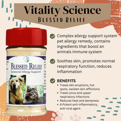 Vitality Science Blessed Relief cat pour demonstrating liquid dosing and soothing respiratory support.