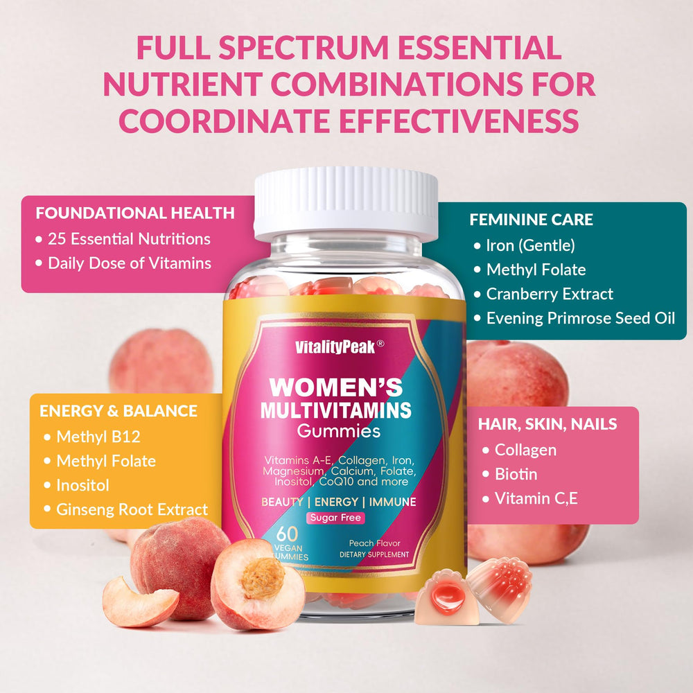 VitalityPeak peach-flavored gummies ideal for on-the-go daily wellness.
