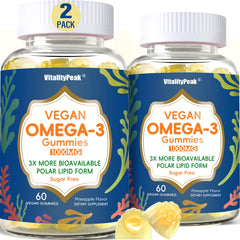VitalityPeak vegan omega-3 gummies bottle for daily supplement.