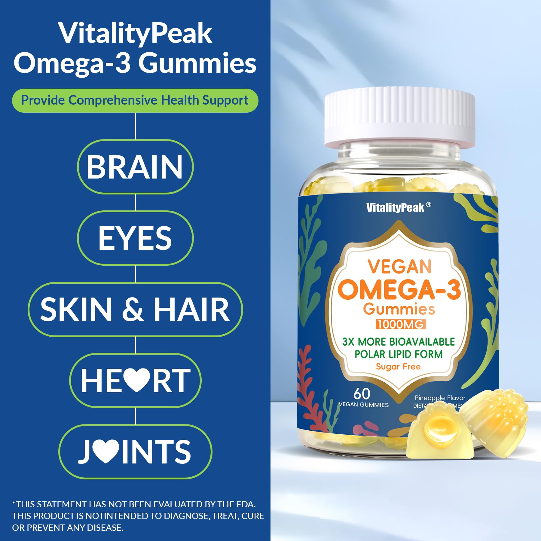 VitalityPeak vegan omega-3 gummies close-up showing chewy texture.