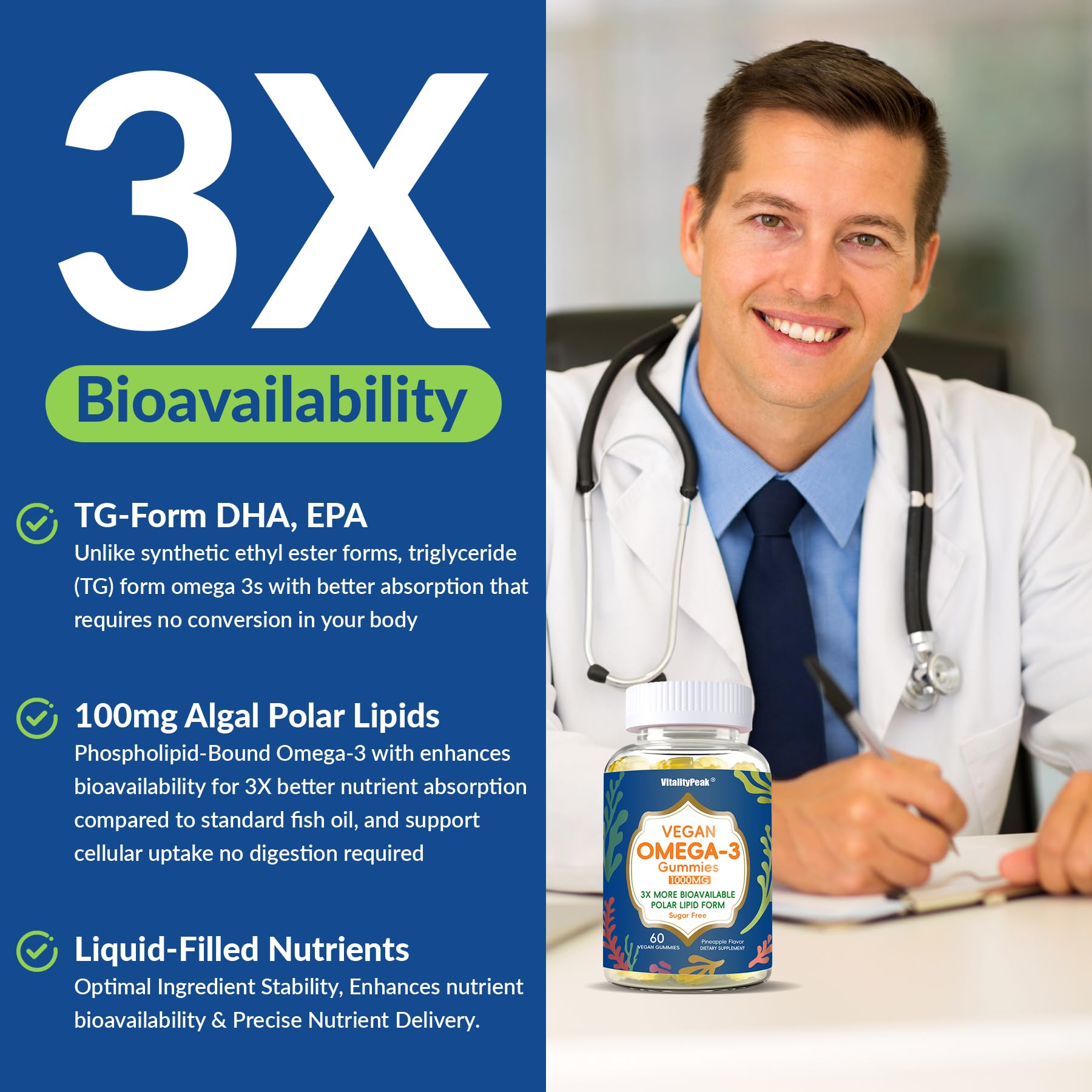 VitalityPeak omega-3 gummies bottle close-up with DHA EPA details.