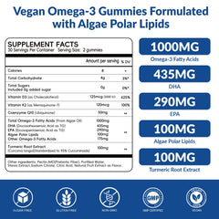 VitalityPeak omega-3 gummies ingredients label highlights plant-based formula.