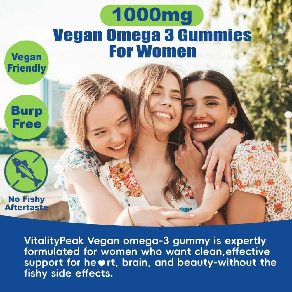 VitalityPeak vegan omega-3 gummies vitamin blend panel.