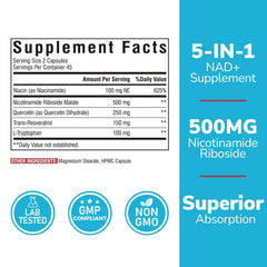 Vitalibre NAD Support bottle back showing label details and dosage guidance.