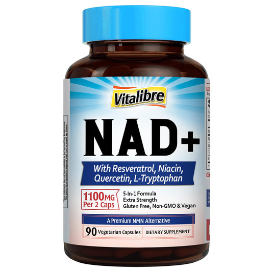 Vitalibre NAD Support bottle front view with NR and resveratrol ingredients for daily wellness.