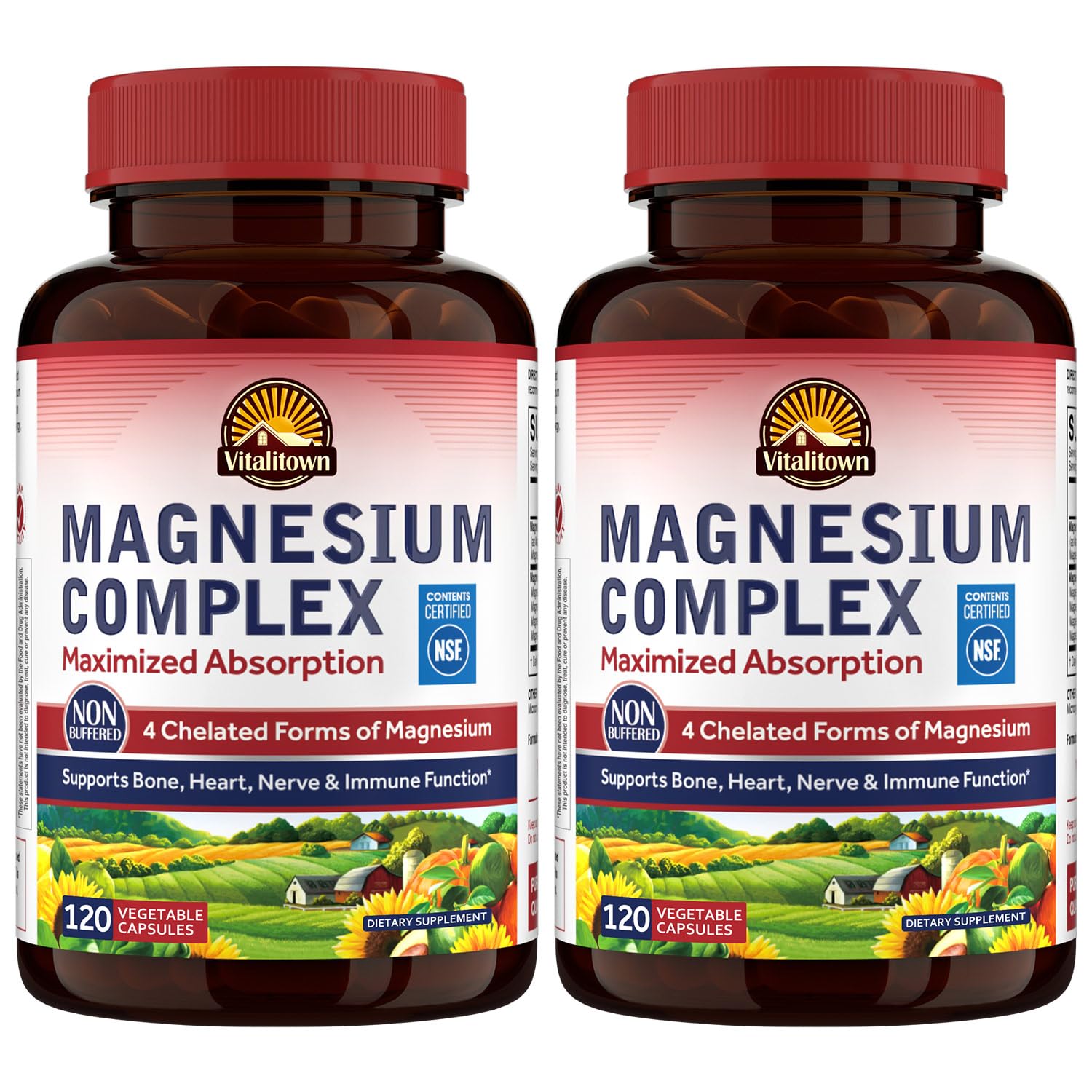 Vitalitown Magnesium Complex 500mg bottle shows four chelated forms for balanced daily energy