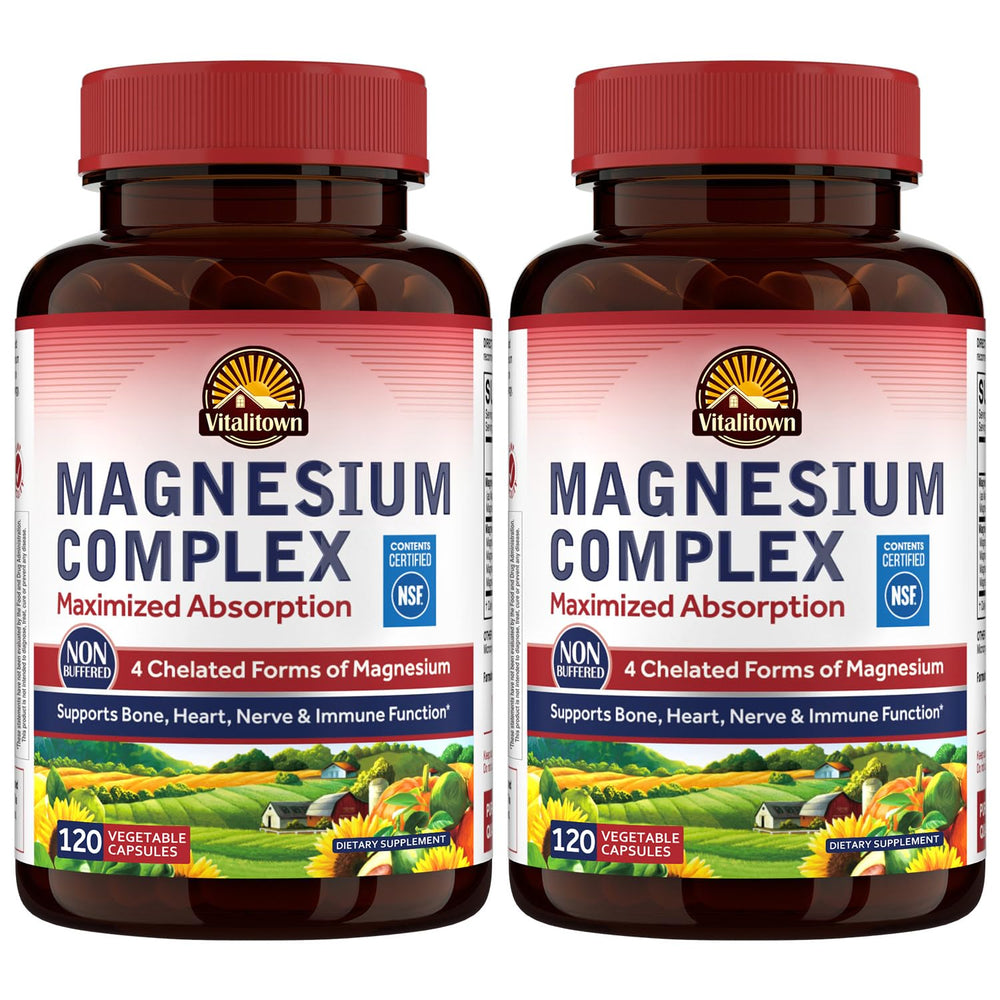 Vitalitown Magnesium Complex 500mg bottle shows four chelated forms for balanced daily energy