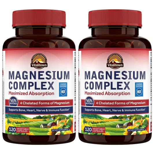 Vitalitown Magnesium Complex 500mg bottle shows four chelated forms for balanced daily energy