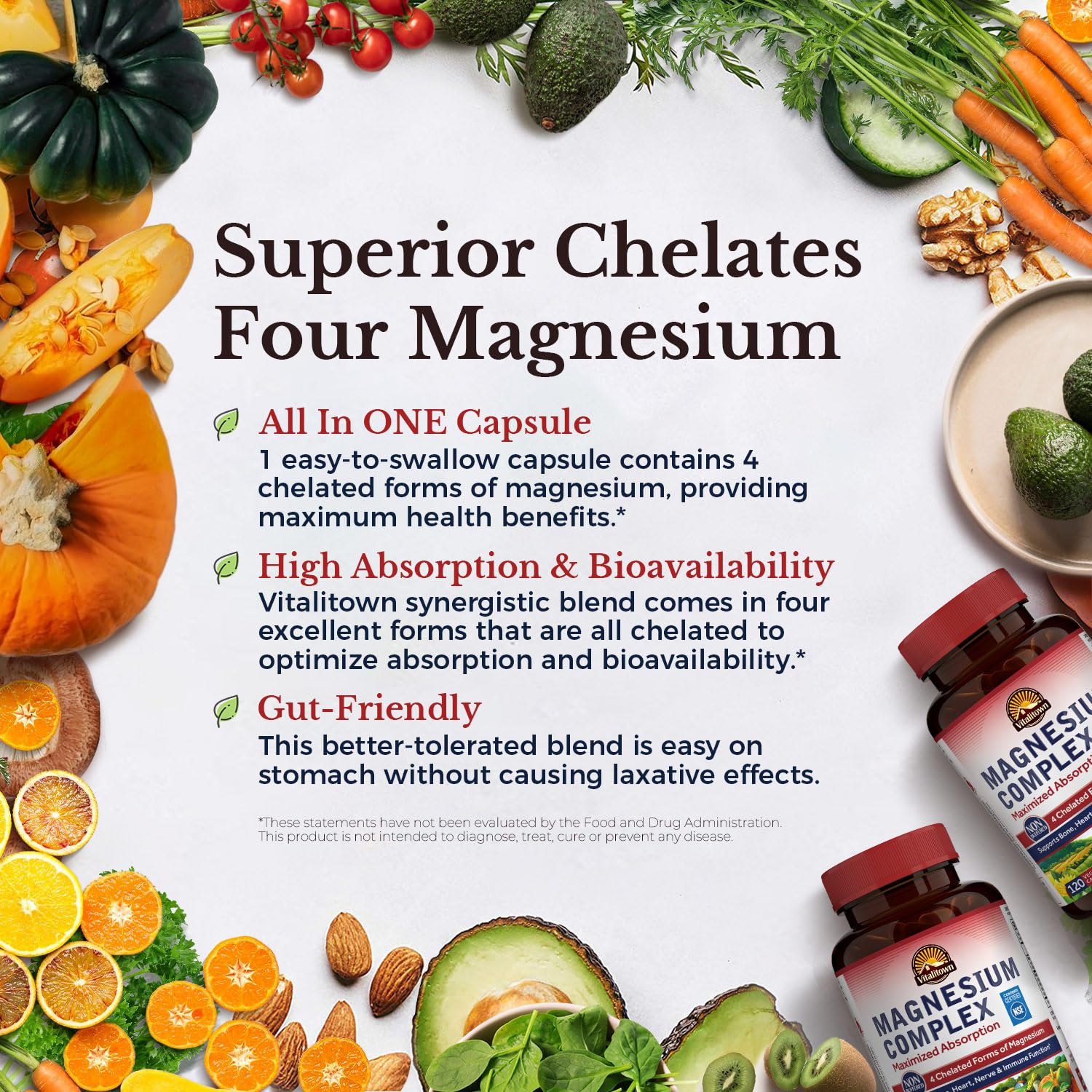 Vitalitown Magnesium Complex bottle pour suggests easy daily dosing