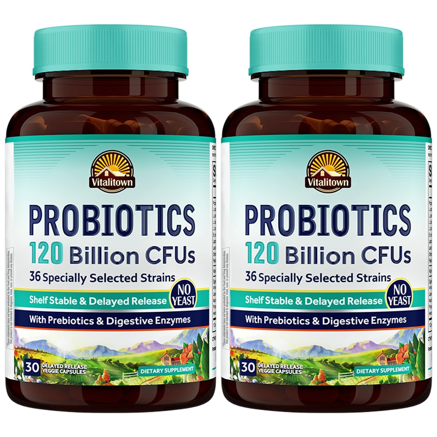Vitalitown Probiotics bottle showing 120 billion CFUs for daily balance.