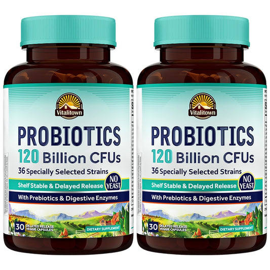 Vitalitown Probiotics bottle showing 120 billion CFUs for daily balance.