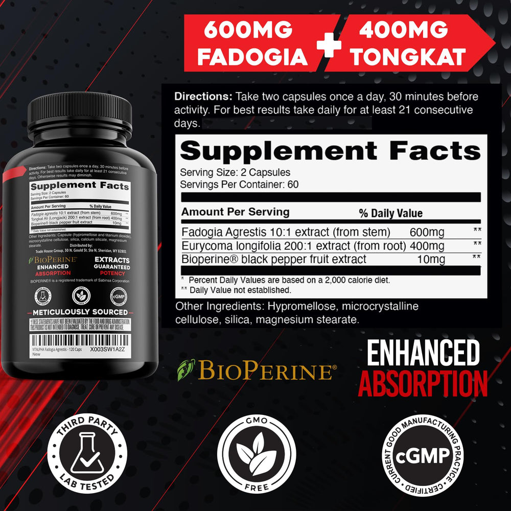 VITALPHA Ultra Concentrated bottle back label with supplement facts and dosage guidance for safe recovery.
