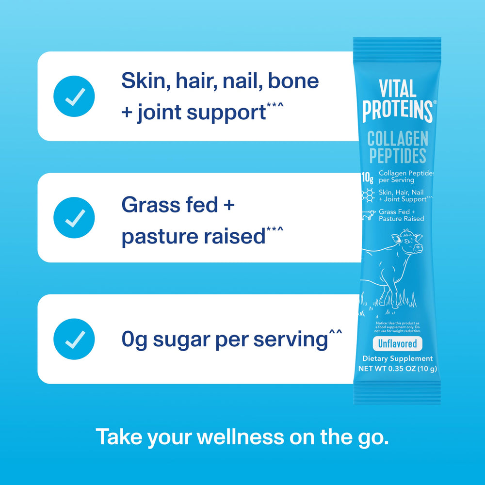 Vital Proteins collagen peptides unflavored 10g packet blends with any drink.
