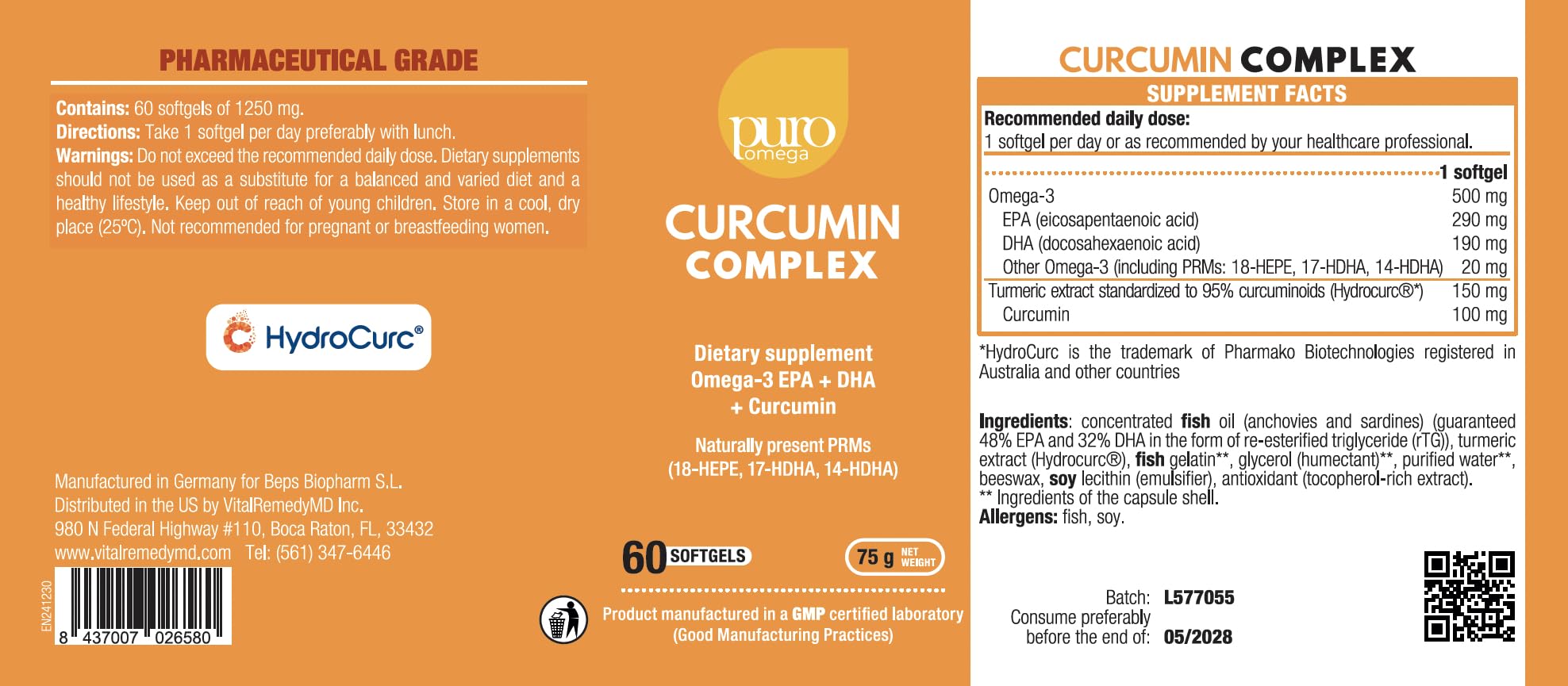 Illustration of VitalRemedyMD PuroOmega Curcumin omega-3 turmeric blend for joint comfort.