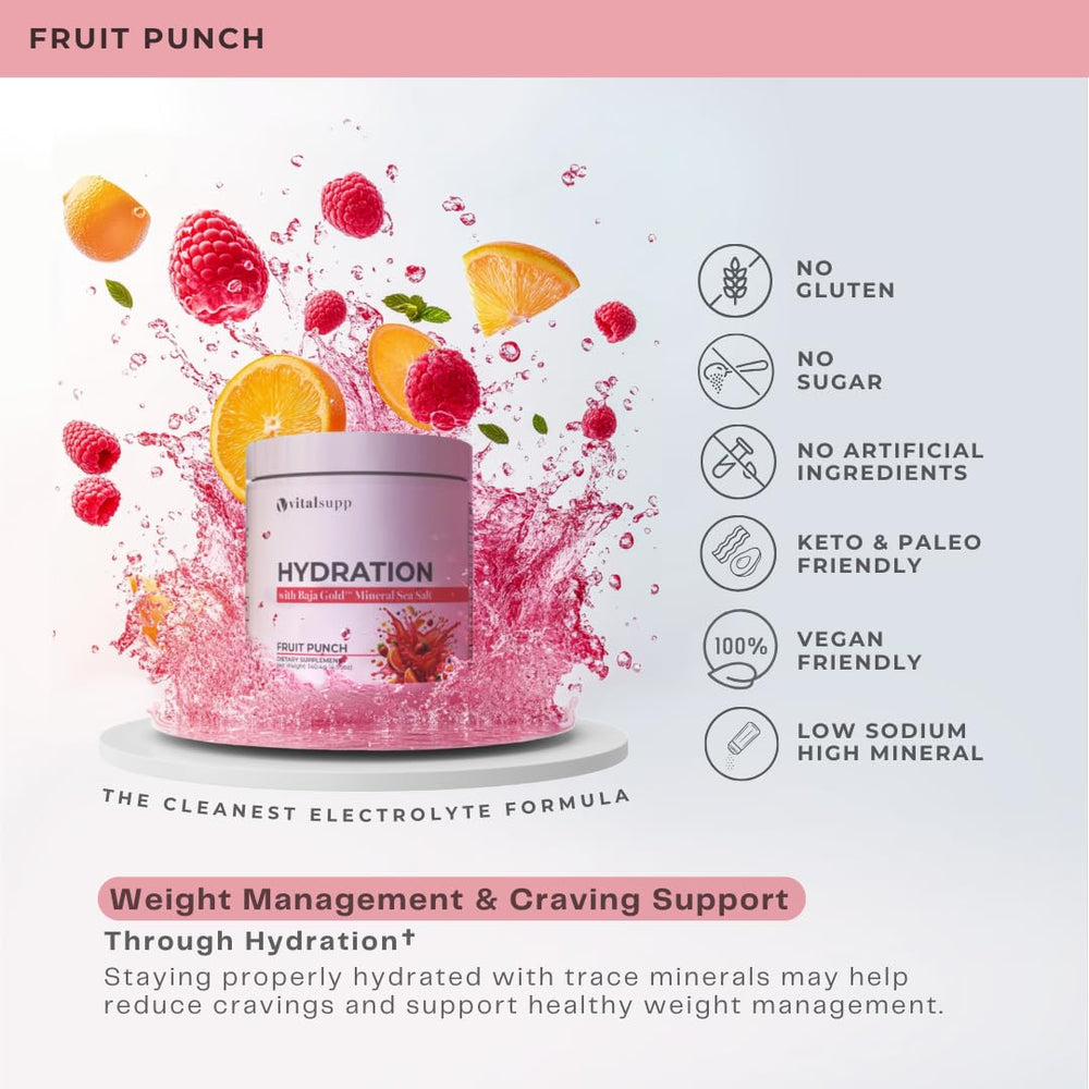 VITALSUPP Electrolyte Powder low-sodium formula supports daily hydration.