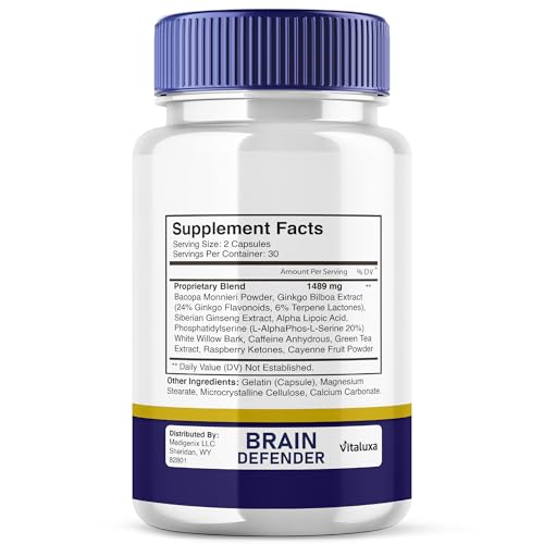 Vitaluxa Brain Defender capsules close-up highlighting compact nootropic formula for memory support.