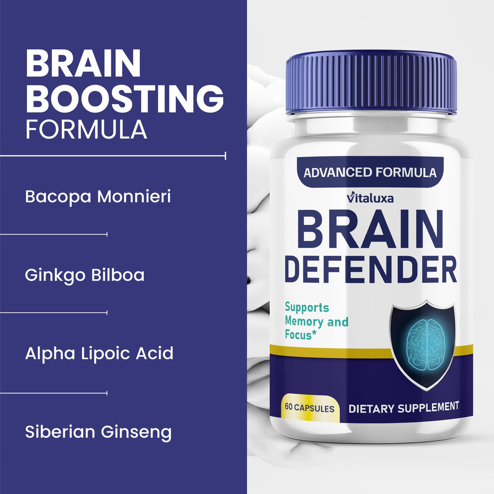 Vitaluxa Brain Defender label close-up emphasizes ingredients and quality for daily brain health.