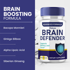 Vitaluxa Brain Defender label close-up emphasizes ingredients and quality for daily brain health.