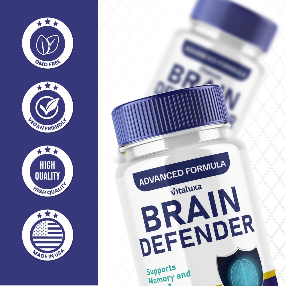 Vitaluxa Brain Defender box with nutritional facts panel communicates transparency and quality.