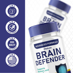 Vitaluxa Brain Defender box with nutritional facts panel communicates transparency and quality.