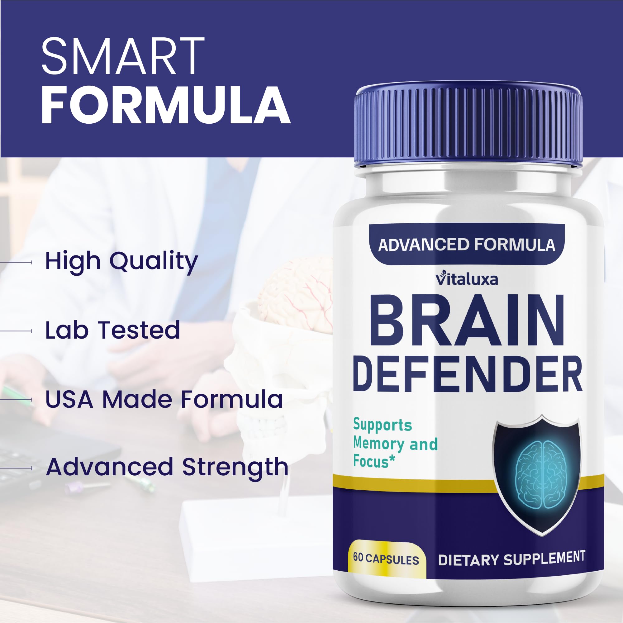 Vitaluxa Brain Defender packaged box on desk for easy at-a-glance daily use.