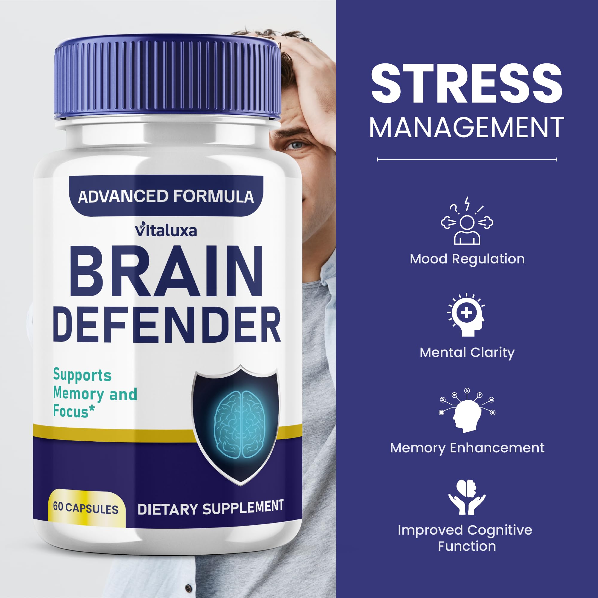 Vitaluxa Brain Defender bottle and capsules on shelf demonstrates an accessible cognitive support option.