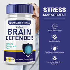 Vitaluxa Brain Defender bottle and capsules on shelf demonstrates an accessible cognitive support option.