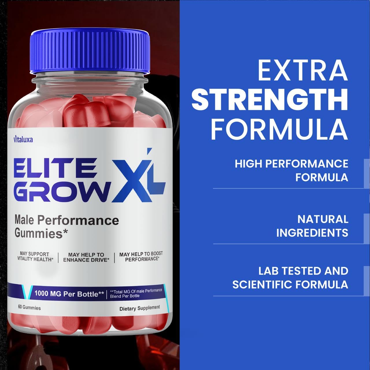 Vitaluxa Elite Grow XL Gummies label closeup with dosage guidance.