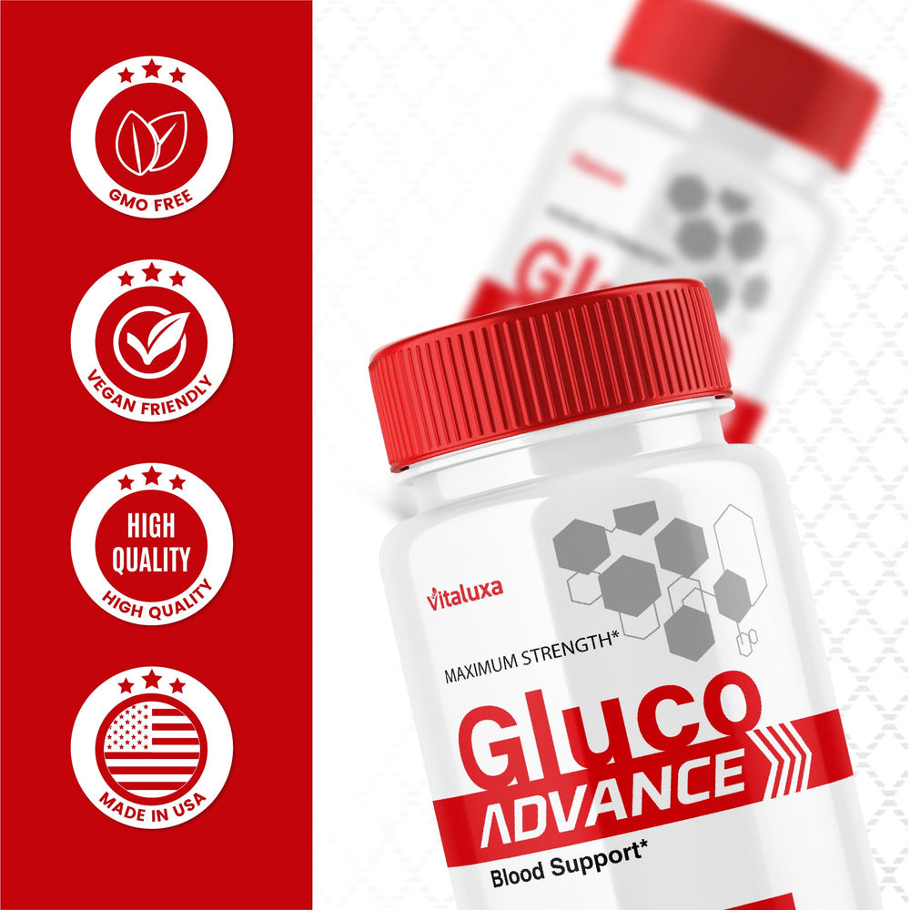 Vitaluxa GlucoAdvance capsules in blister pack with soft lighting.