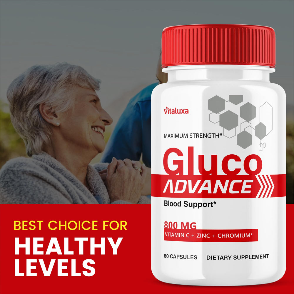 Vitaluxa GlucoAdvance capsules close-up showing glossy pills for daily vitality.